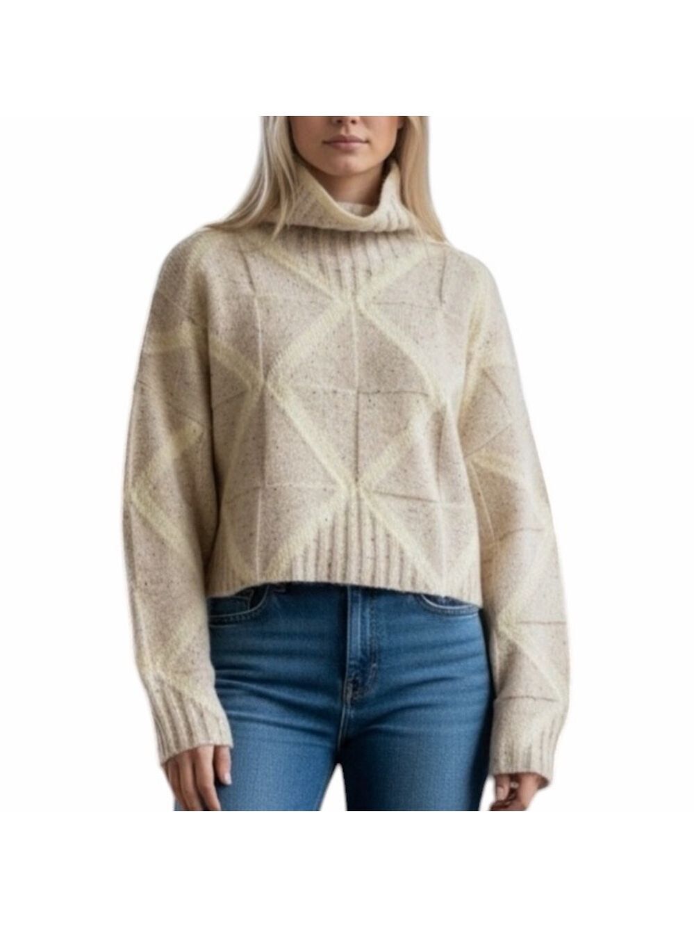 Cobalt Diamond Pattern Knit Oversized Cropped High Neck Pullover Sweater